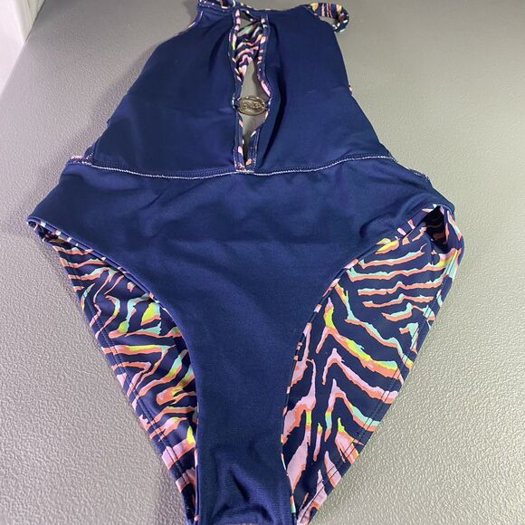 XOXO One Piece Swimsuit Strappy Sides Deep Keyhole Front Colorful Womens XL Blue - Picture 4 of 8